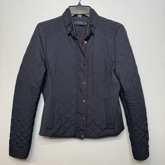 Zara Womens Quilted Puffer Jacket Long Sleeve Snap Button Size Large Fitted Slim - Picture 1 of 5